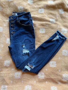 Wax Jean Distressed Blue Skinny Denim Jeans Button 5-Pocket Design Women